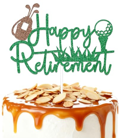 Golf Themed Happy Retirement Cake Topper,Golf Officially Retired Farewell Going Away Party Decorations Supplies for Men Women Green Coffee Glitter