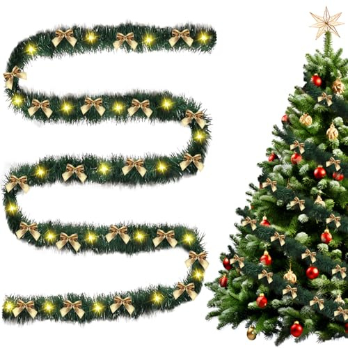 Weihnachtsgirlande mit Beleuchtung Schleifen,Künstliche Girlande Weihnachten Beleuchtet Tannengirlande mit Beleuchtung Weihnachtsdeko Girlande mit Weihnachtsschleife für Außen Innen (Gold, 15m)