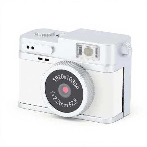 YUEHISY Mini Keychain Camera, FHD 1080P 2MP Tiny Retro Digital Camera with 32GB Card, 0.96 Display, 4 Filters, LED Flash, for Travel Birthday (White)
