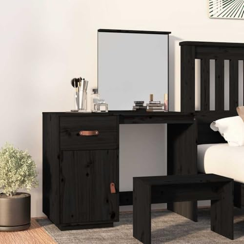 HaoChrymec Toletta Nera in Legno Massello di Pino con Specchio, Cassetto e Anta, Design Moderno per Camera da Letto, Postazione Trucco Elegante, Vanity Desk for Makeup, 95x50x134 cm