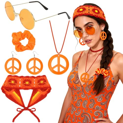 5 Stück Hippie Accessoires Damen Set,70er jahre Vintage Accessoires mit Brille,eine Halskette mit Friedenssymbol, Ohrringe,Satin Haargummi und ein gestricktes Stirnband für Damen Karneval Hippie Party
