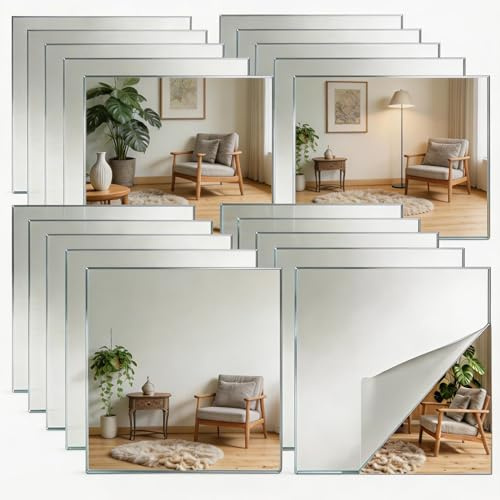 Xinjiayi 20 stycken självhäftande speglar spegelfilm, akryl 2 mm tjock | Självhäftande spegel 15 x 15 cm, för fastsättning på spegelplattor, för badrum vardagsrum sovrum skåp