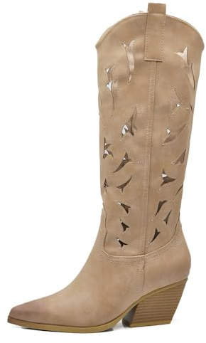 IF Stivali Alti Texani Donna Western in Pelle Sintetica Vegana, Design Traforato, Tacco Medio e Punta Affusolata