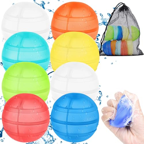 Wasserbomben Wiederverwendbare 8 Stück & Mesh Bag, Silikon Wasserbomben Selbstschließend für Kinder & Erwachsene, Wasserballoons Schnellfüller Outdoor Wasserspielzeug für Strand Sommerparty