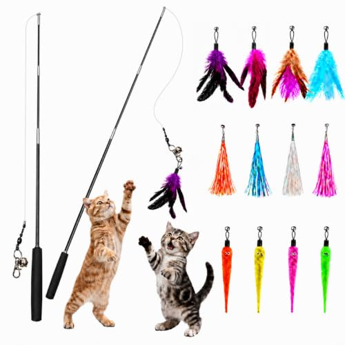 Feung gou Retractable Cat Teaser Wand, Fishing Toy for Indoor Cats Kittens | 82cm extendable rod; 14pcs mixed refills; pet-safe material; built-in bells; non-slip grip for cat daily play