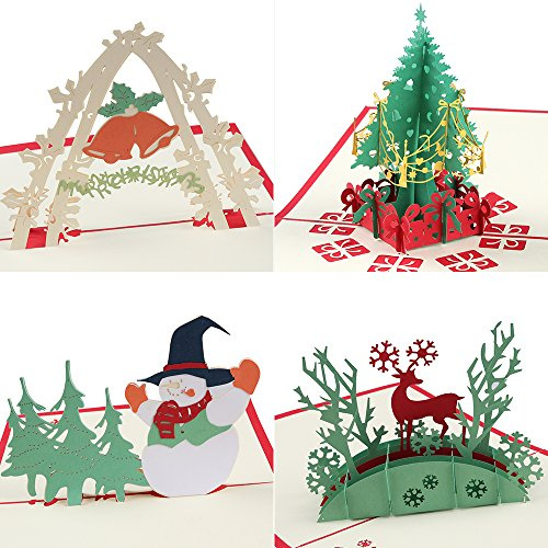 Coohom 3D-Weihnachtskarten mit Umschlag, Set von 4 – handgefertigte Pop-Up-Grußkarte für Neujahrsgeschenk – mit Weihnachtsbaum, Schneemann, Rentier und Glocke
