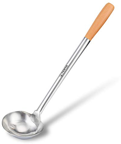 TENTA Kitchen Stainless Steel Long Handle Wooden Ladle - 12 Professional Soup Spoon, Chef Ladle, Restaurant Kitchen Tool - Silver
