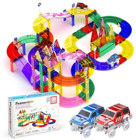 PicassoTiles 80 delar racerbil spår byggsten pedagogisk leksaks set magnetiska plattor magnet gör-det-själv lekset 2 upplysta bil STEM lärande byggsats hand-öga-koordinering finmotorik