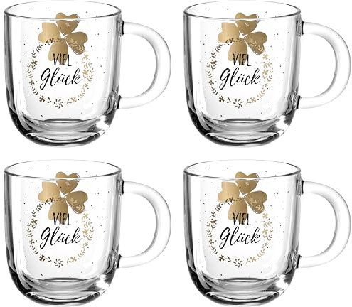 Leonardo Emozione Geschenk Tassen 4er Set, Viel Glück Design, spülmaschinengeeignete Tee und Kaffee Becher mit Kleeblatt Motiv und Schriftzug, 400 ml, 046452