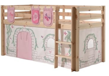 Vipack Spielbett Pino mit Textilset Vorhang und 3 Taschen Birdy Kiefer massiv Natur