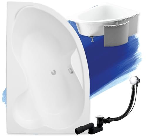 BADLAND Badewanne Original Weiß Acryl Wanne Eckbadewanne MEGA 160x105 Links KOMPLETTSET SET mit Premium Styroporverkleidung + Füßen und Exklusive Chrom Automatik Ablaufgarnitur Made in EU 4in1
