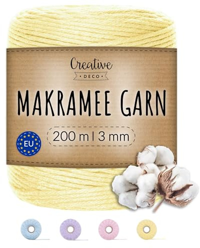 Creative Deco 3mm x 200m Corde Macramé Jaune Pastel | Fil de Coton et Polyester | +/- 0.5 mm d’Épaisseur | 30 Plis| Ficelle Cordelette Naturel | Cuisine Jardin Jardinage Emballage Cadeau Bricolage