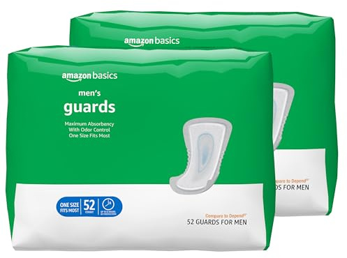 Amazon Basics Men's Incontinence Guards, Maximum Absorbency, Moisture-Wicking with Odor Protection, One Size Fits Most, 104 Count (2 Packs of 52)