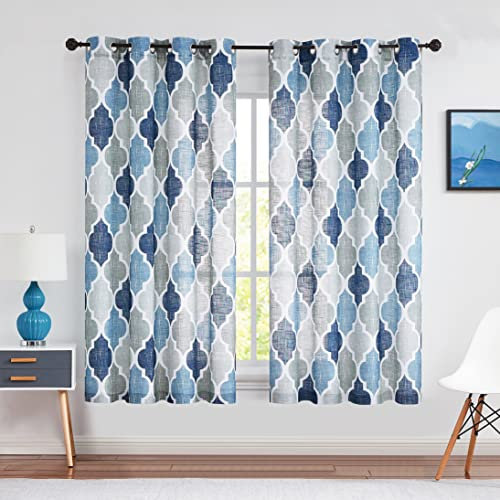 Beauoop Blau Grau Voile Vorhänge Leinenoptik Rautenmuster Gardinen mit Ösen Geomertrisch Marokkanisch Halbtransparent Ösenvorhang Dekoschal für Schlafzimmer Wohnzimmer 2er Set, 127 x 175cm (HxB)