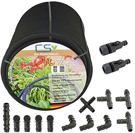 50 m CS Perlschlauch Profi Set für die Gartenbewässerung/Flächenbewässerung/Rasenbewässerung mit bis zu 70% Wasserersparnis bei unterirdischer Verlegung