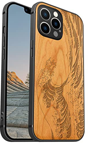 Carveit Coque magnétique pour iPhone 12 Pro [Élégant Cerise] [Pare-Chocs en TPU Souple] Coque de téléphone Antichoc Compatible avec 12Pro Magsafe Coque Bois (Grande Vague Kanagawa)