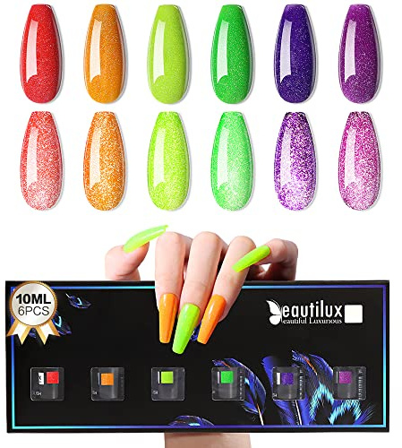 Beautilux Vernis Semi Permanent Reflechissante Fluo, 6 Couleurs 10ml Néon Pailleté Glitter Gel Vernis à Ongles Réflexion Ongles Gels Vernis Laque Soak Off UV Gel pour Manucure DIY Home Salon