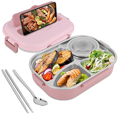 Boîte en Verre avec Couvercle,Récipient Meal Prep Boîte Repas et compatibles micro-ondes réutilisables,Boîte à déjeuner en acier inoxydable portable Bento avec 4 grilles en silicone et verrouillage
