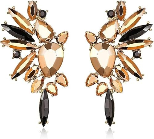 EVER FAITH Crystal Fashion Statement Earrings, Art Deco Marquise Teardrop Cluster Bling Colorful Dangle Earrings for Woman Champagne Gold w/Black Gold-Tone