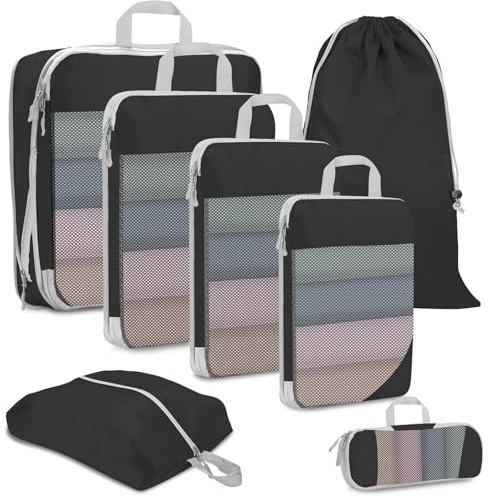 Juego De Bolsas De Compresión Para Maleta Y Mochila [8 Piezas] Bolsas Viaje Organizador De Embalaje,Bolsas De Senderismo Negro Organizador Maleta Cubos De Embalaje Compresión