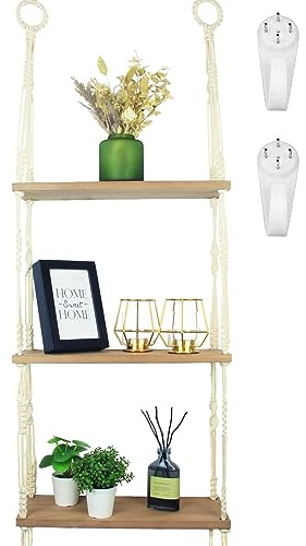 alma home Wandregal Holz Hängeregal - Makramee Regal Wand mit Haken ohne Bohren als Boho Wanddeko Wohnzimmer, Schweberegal, Pflanzenregal, Bücherregal oder Badezimmer Organizer