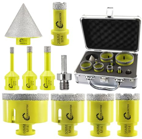 SANLEETEK Diamant Fliesenbohrer Set Diamant Lochsäge Set Diamand Bohrkrone | (6/8/10/20/35/40/50/68mm+50mm Fasenbohrer+Adapter) für Keramische Fliesen Porzellan Marmor Granit M14 Gewinde