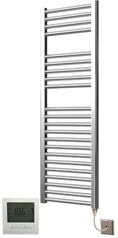 Greened House Extra High Heat Output Chrome Electric Flat Towel Rail 400 x 1200mm Bathroom Radiator Heater Up to 26% More Heat Output + Timer and Thermostat