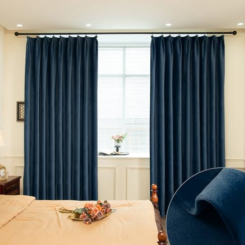 MUMFAS Velvet Pinch Pleat Solid Thermal Insulated 90% Blackout Patio Door Curtain Panel Drape for Traverse Rod and Track, Soft Velvet Pinch Pleated Curtain Navy Blue 52 W x 96 L (One Panel)