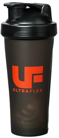 UltraFlex Protein Shaker Bottle, Sports Supplements Protein Shake Bottle, Black with Red logo, Transparent Shaker Cup, 600ml, Leakproof, Secure Cap, Gym, Stainless Steel Mixer Ball, Graduated Marks