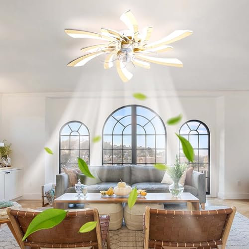 78cm Remote Control Ceiling Fan with Light, Dc Motor Quiet LED Dimmable Ceiling Fans with Lamps with Timer and Memory Function, Flower Shaped 6 Speeds Fan Lights for Living Room Ceiling-Gold