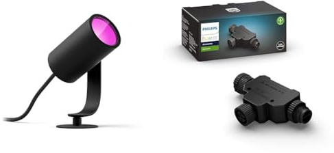 Philips Hue White & Color Ambiance Lily Gartenstrahler 1er schwarz 350lm Basis-Set & Outdoor T-Stecker, Zubehör Niedervolt-System, schwarz, wetterfest (IP67)