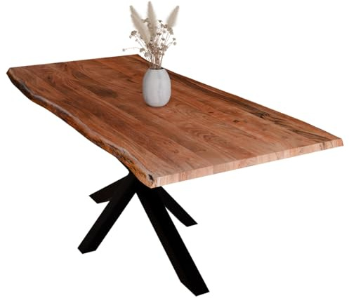 Liadomo Esstisch 180x90 Diala Nuss, Spider-Gestell schwarz | Baumkante, Akazie Massivholz Tisch, 35 mm Tischplatte lackiert, Metallgestell, Robust & Pflegeleicht, bis zu 8 Personen