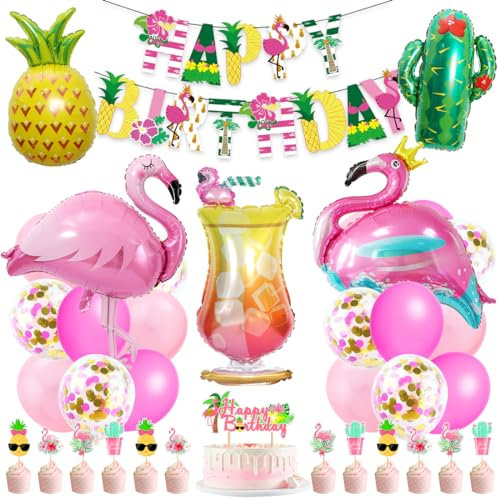 Globos de fiesta hawaiana, decoraciones hawaianas, globos de fiesta tropical, globos de piña de flamenco para niña, fiesta de verano, piscina, decoración de cumpleaños tropical