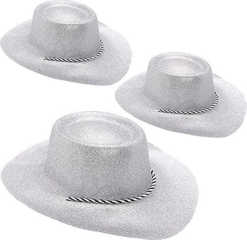 Toyland® Paquete de 3 sombreros de vaquero con purpurina plateada de 34 cm (13 pulgadas) - Accesorios para festivales, conciertos, disfraces y despedidas de soltera - 10 colores disponibles