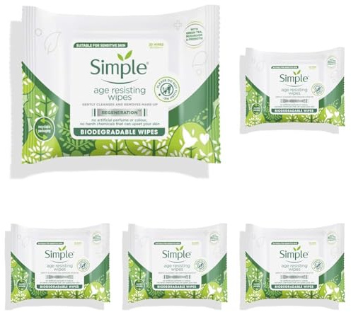 Simple Regeneration Age Resisting Biodegradable Facial Wipes remove make-up and fights premature ageing for sensitive skin 20 wipes,package may vary (Pack of 5)