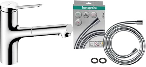 hansgrohe Zesis M33 - Mitigeur de cuisine avec douchette extractible, 2 jet & Isiflex - Flexible de douche universel 1,60 m, tuyau de douche avec protection anti-pliure