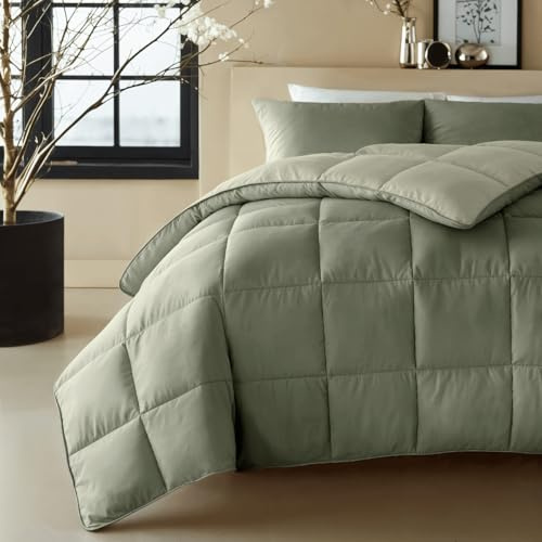 Zelesta Premiumbett – 2in1 Steppbett mit festem Bezug – Waschbar & Hypoallergen – Perkal Baumwolle – Bettdecke ohne Bezug (Olive & Mint, 140x200)