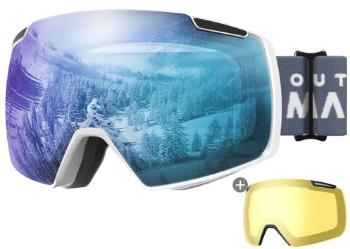 OutdoorMaster Heron Ski Goggles with 2 Lens, Frameless, Magnetic Interchangeable HD Toric Lens, OTG Snowboard Goggles(WhiteFrame IceBule Vlt 36% + YellowLens)