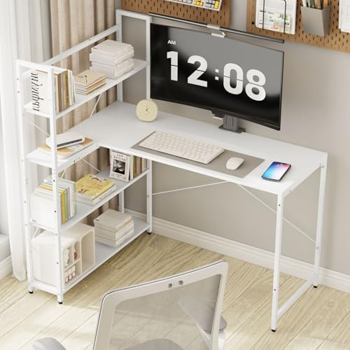 WOLTU Klihome Eckschreibtisch 120cm, Schreibtisch mit Regal, Computertisch L-Form Links oder rechts 80 cm, Bürotisch mit Metallgestell, Tisch für Arbeitszimmer, Holzwerkstoff, Weiß, K0005TS