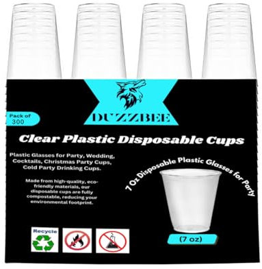 DUZZBEE Clear Plastic Cups Disposable Cups - 300 Pcs | 7 Oz Disposable Plastic Glasses for Party, Wedding, Cocktails, Christmas Party Cups, Cold Party Drinking Cups