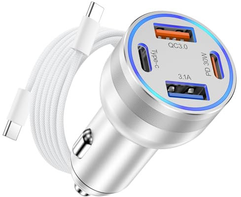 Allume Cigare USB C, 65W 4-Ports Dual PD&QC3.0 Chargeur Allume Cigare Rapide, Prise USB 12V Adaptateur Allume Cigare Secteur pour iPhone 16/15/14/13/12/11/Pro Max, iPad, Samsung Galaxy Pixel(Argent)