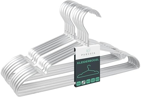 Parusia Kleiderbügel Silber, 42cm breit, 1cm stark, Kleiderbügel Metall rostfrei, formstabil, zur platzsparenden Kleideraufbewahrung & Organisation von Kleiderschrank, Kleiderständer (10)