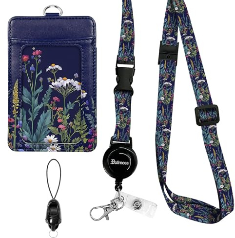 Vertikaler PU-Leder-Ausweishalter mit Blumenmuster, abnehmbarem Umhängeband und einziehbarem Ausweis, Metallclip, stabile Schnalle (Wildblume)
