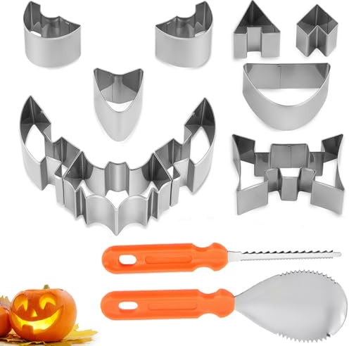 12 Stück Halloween Kürbis Schnitzset, Schnitzwerkzeug Kürbis Pumpkin Carving Kit DIY Edelstahl Kürbisschnitzse Kürbis Schnitzen mit vorlagen für DIY Halloween Dekoration