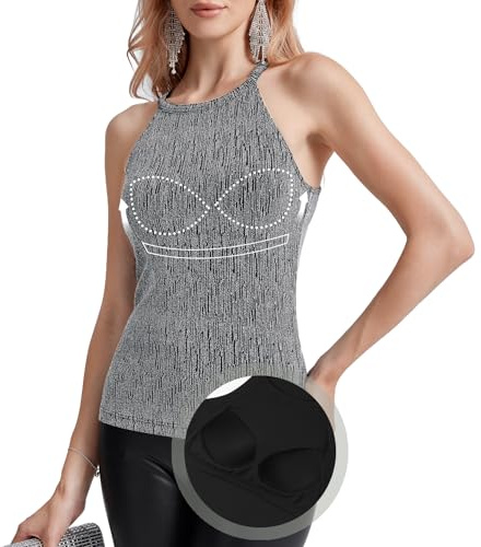 ANYFITTING Damen Pailletten Tops Ärmellose Neckholder Camisole Tops mit Integriertem BH Cami Bluse BH Hemden für Damen Geripptes Funkelndes Silber S