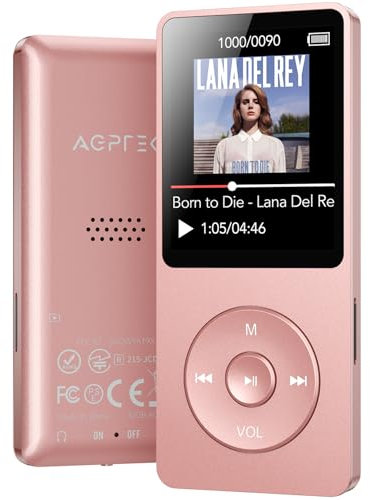 AGPTEK MP3 Player 32GB Bluetooth 5.3, 1.8 Zoll 40 Stunden Wiedergabezeit Digital Kinder MP3 Player mit FM Radio, bis zu 128G,(Ohne Kopfhörer) Rosagold