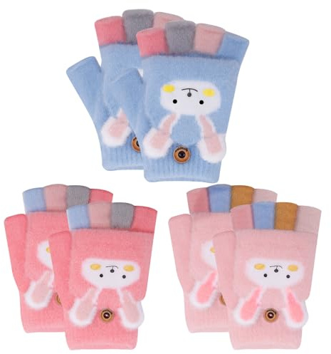 ViEinkaufen 3 Pairs Kids Fingerless Gloves, Winter Knit Half Finger Mitten Convertible Flip Top Gloves, Warm Cartoon Mittens for Boys and Girls Age 4-12 Years