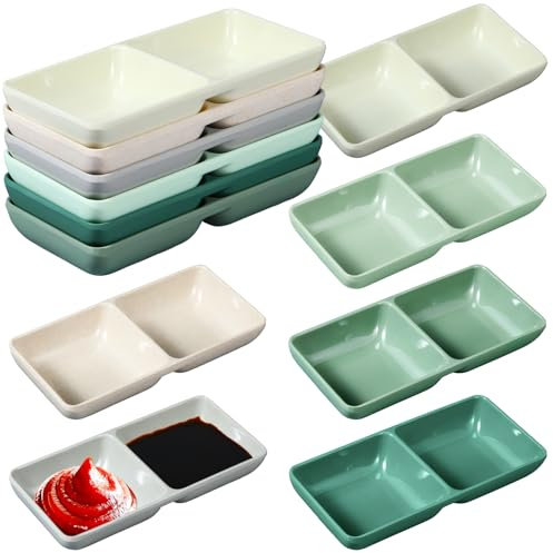 Gejoy 12 cuencos dobles de melamina para salsa de soja, dos compartimentos, bandejas de fiesta, platos de fondue divididos para restaurante, cocina, sushi, salsa de soja (multicolor)