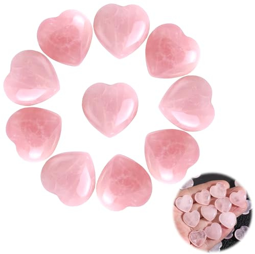 YUWJOOWEE 10 Stk Rosenquarz Herz Kristalle Edelsteine Geschenke für Frauen | Rosenquarz Herz Kristall Stein Kristalle Edelsteine für Valentinstag,Geburtstage,Heilung Kristall, Angst zu lindern