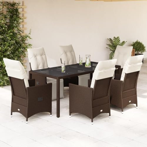 Homgoday Bistro-Set für den Garten, 7-teilig, mit Kissen aus braunem Polyrattan, Gartenmöbel, Tisch und Stühle für den Außenbereich, Set Typ3276919